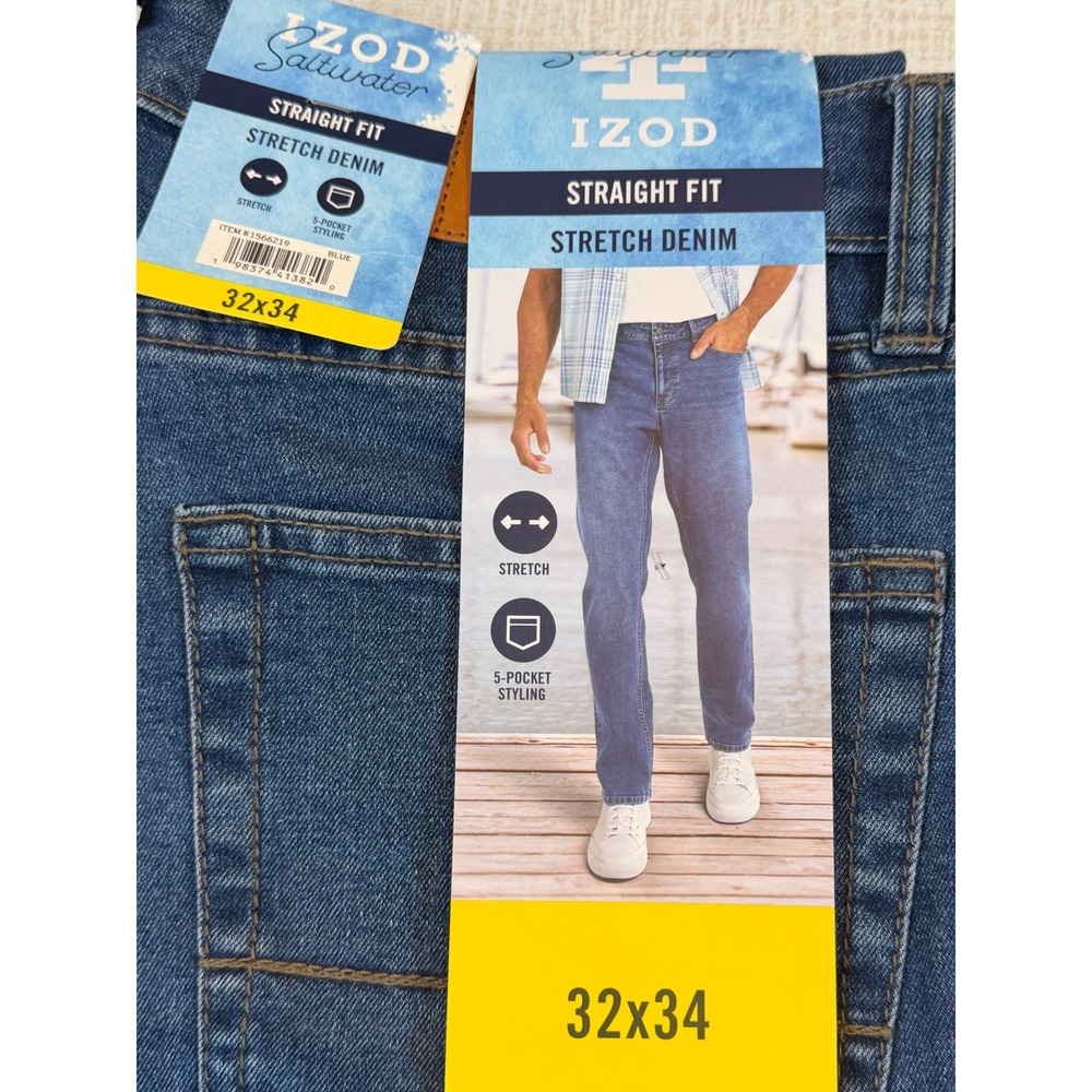 IZOD Saltwater Mens Straight Fit Stretch Denim Jean Blue 32x34 Classic Essential